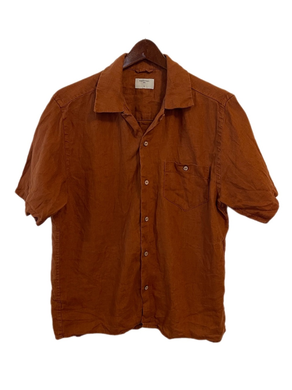 Percival Shirt Mens Short Sleeve Large 100% Linen Rust Brick Brown Button Up